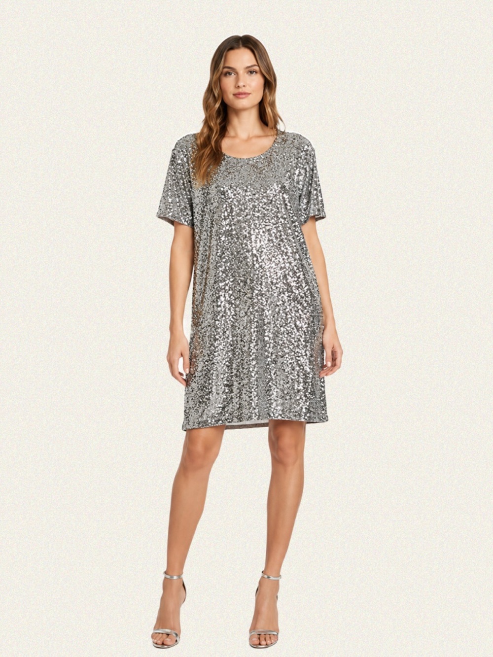 Norma Kamali Overlapping Sequin Short Sleeve Boxy Dress